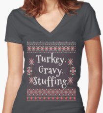 Turkey Gravy Stuffing Ugly Christmas Pattern Women's Fitted V-Neck T-Shirt
