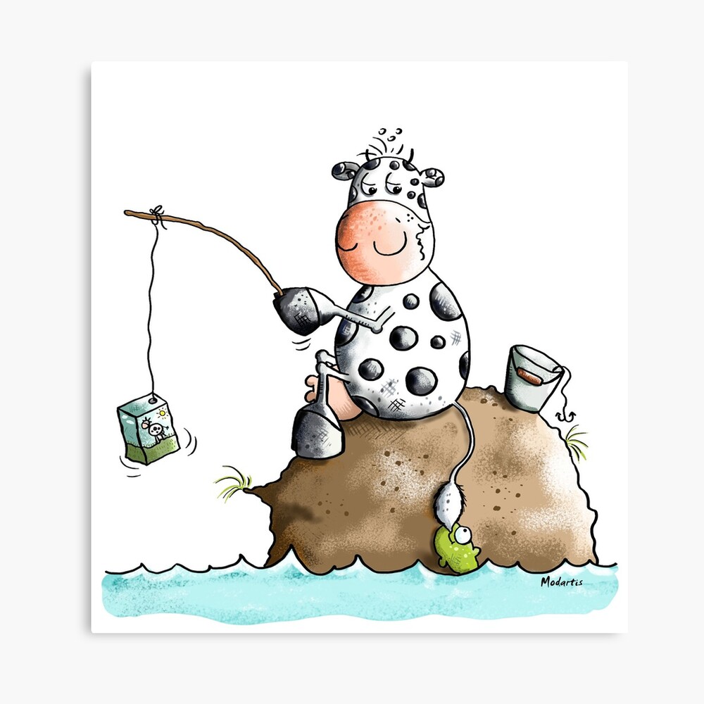 Lamina Metalica La Vaca Pesca Una Caja De Leche Pesca Regalo Pescado Dibujos Animados De Modartis Redbubble