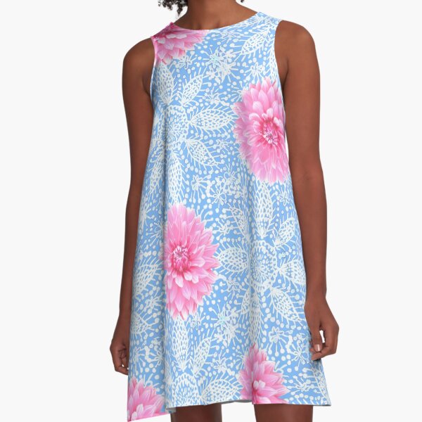 Pink Dahlia flower over white lace PNG A-Line Dress