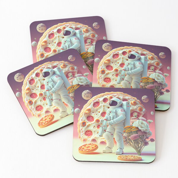 Item preview, Black spacesuit astronaut in a strange unknown planet with flowers and pizza designed and sold by ladarkepoque.