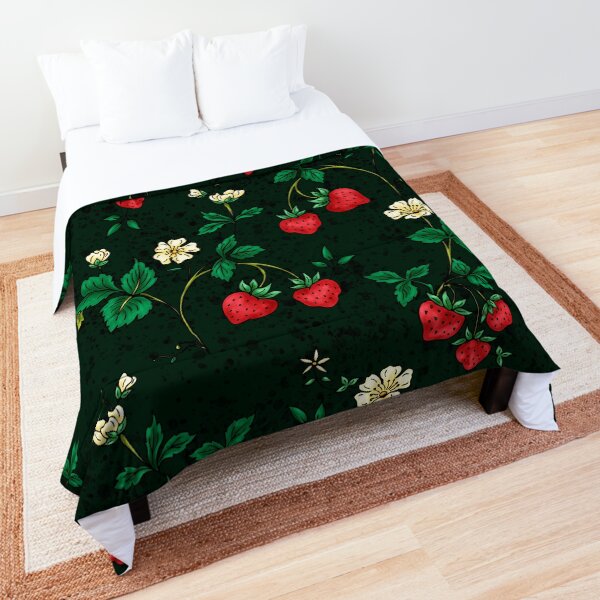 Red strawberry and flowers botanical pattern on dark green Comforter