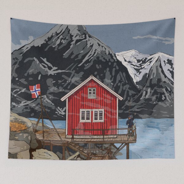 Item preview, Rorbu Bergen Vestland Norway Illustration designed and sold by Wall-Art-Sketch.