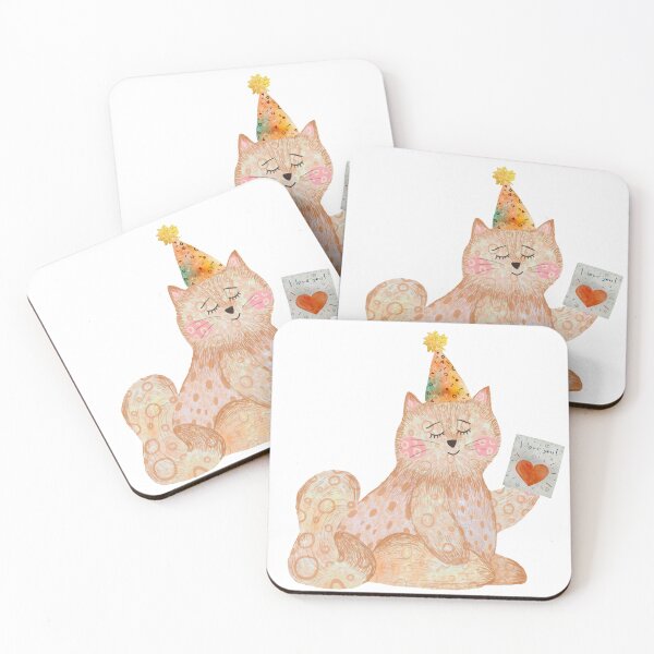 Artikelvorschau, Cat toy pink card happy birthday watercolor entworfen und verkauft von Yana Mustafina | Boho Soulful Designs.