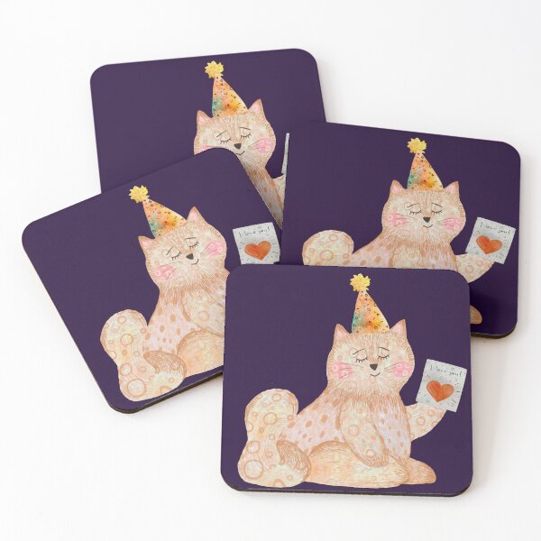 Artikelvorschau, Cat toy pink card happy birthday watercolor violet entworfen und verkauft von Yana Mustafina | Boho Soulful Designs.