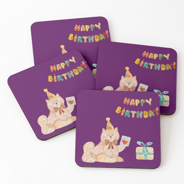 Aperçu de l'œuvre Cat toy card love gift happy birthday watercolor violet créée et vendue par Yana Mustafina | Boho Soulful Designs.