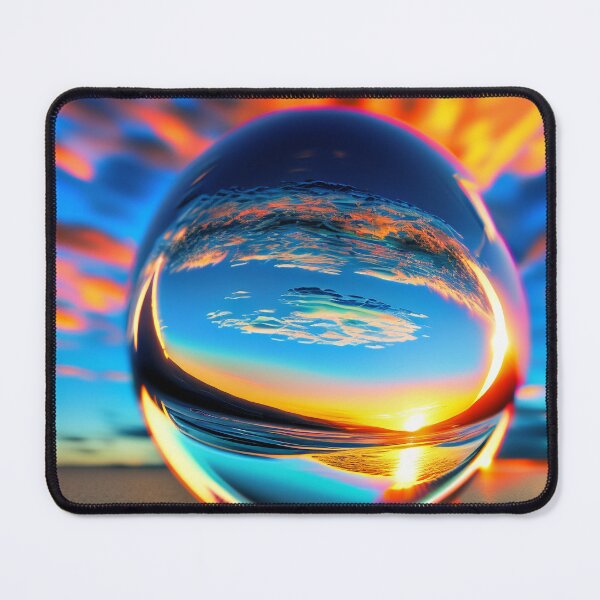Item preview, Abstract art of a crystal sphere hovering above the ocean and reflecting the setting sun. Digital art designed and sold by Bookwyrm-Bazaar.