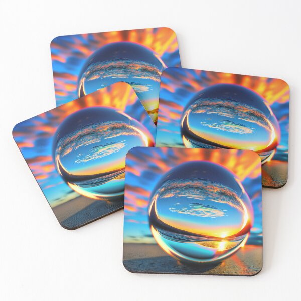 Item preview, Abstract art of a crystal sphere hovering above the ocean and reflecting the setting sun. Digital art designed and sold by Bookwyrm-Bazaar.