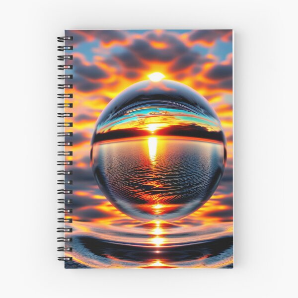 Item preview, Abstract art of a crystal sphere hovering above the ocean and reflecting the setting sun. Digital art designed and sold by Bookwyrm-Bazaar.