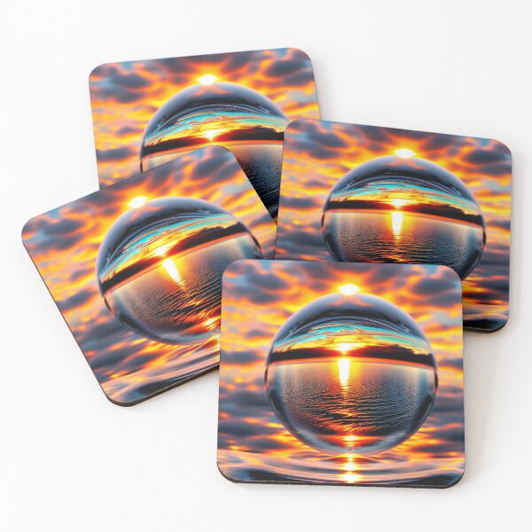 Item preview, Abstract art of a crystal sphere hovering above the ocean and reflecting the setting sun. Digital art designed and sold by Bookwyrm-Bazaar.