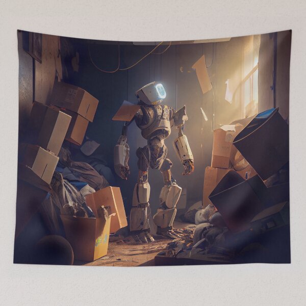 Item preview, Robot in a Dark Cluttered Room Watching the Sunrise Digital Painting designed and sold by CodeAndColors.