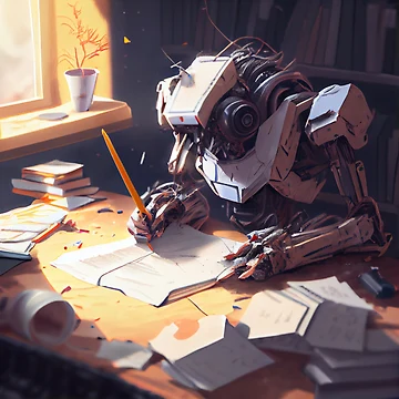 Vorschaubild zum Design Abstract Robot Author Working on a New Article Digital Painting von CodeAndColors