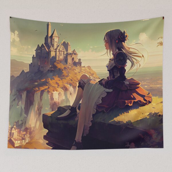 Item preview, Peaceful Anime Girl Looking Over a Castle Digital Painting designed and sold by CodeAndColors.