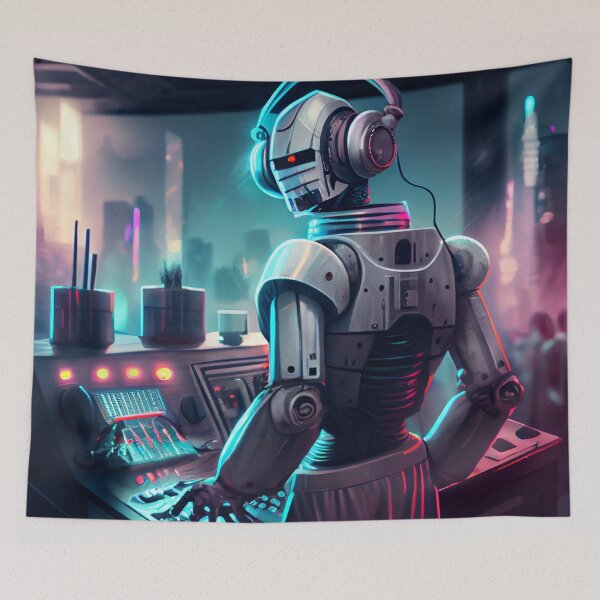 Item preview, Bright Cyberpunk Robot DJ Nightclub Digital Painting designed and sold by CodeAndColors.