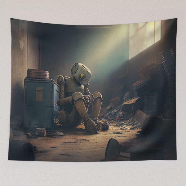 Item preview, Tall Robot Humanoid Trapped In a Cluttered Room Digital Painting designed and sold by CodeAndColors.
