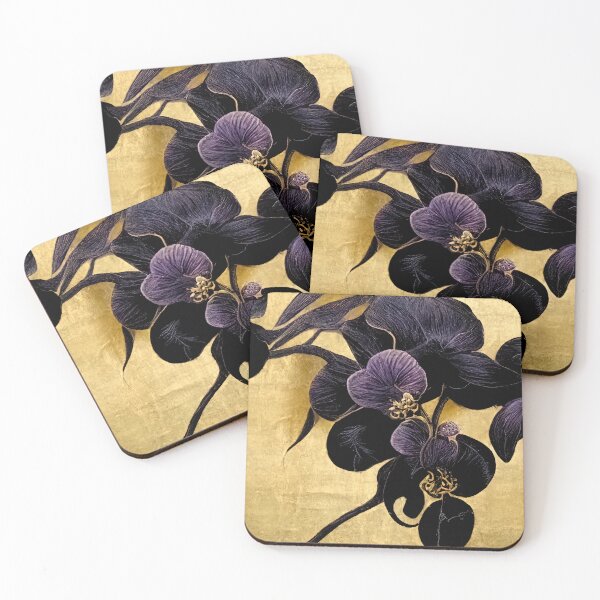 Item preview, Dark purple orchid flowers on golden textured background designed and sold by justinasv775.