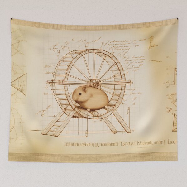 Item preview, Cute hamster running in a wooden wheel technical drawing with measurements and calculations in Leonardo da Vinci style designed and sold by ArtifactVault.