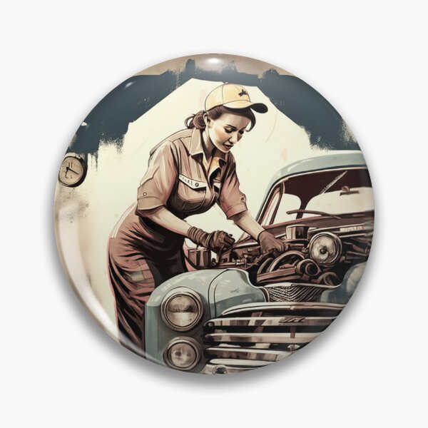 Item preview, Beautiful female mechanic repairing a car in olden car garage a vintage and nostalgic retro designed and sold by ArtifactVault.