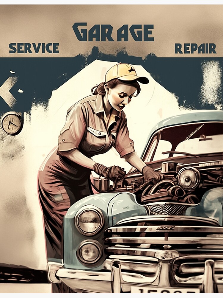“Beautiful female mechanic repairing a car in olden car garage a