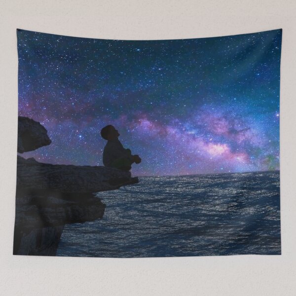 Item preview, the silhouette of a boy sitting on a cliff edge watching the milky way designed and sold by Pattern1design.