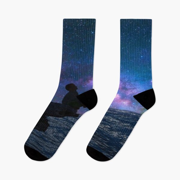 Item preview, the silhouette of a boy sitting on a cliff edge watching the milky way designed and sold by Pattern1design.