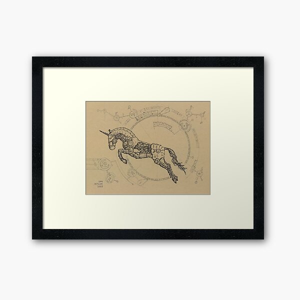 Aperçu de l'œuvre Licorne Steampunk (sautant) - Illustration à l'encre créée et vendue par Sam Deacon Art.