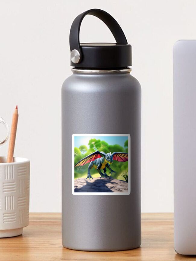 Thumbnail 1 of 3, Sticker, Jungle Dragon with Butterfly Wings Landing on Rock designed and sold by dragynrain.