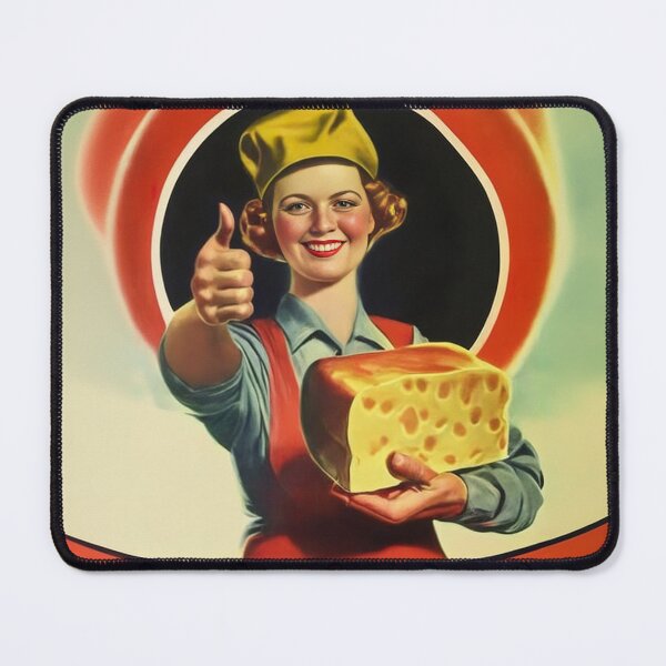 Item preview, Young retro woman holding huge piece of Emmental cheese and smiling a nostalgic and vintage designed and sold by ArtifactVault.