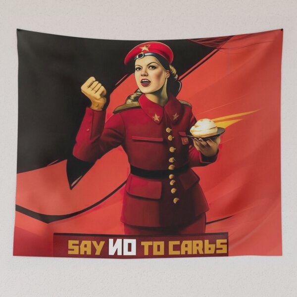 Item preview, Soviet Union female officer holding a pastry and waving fist a communist propaganda designed and sold by ArtifactVault.