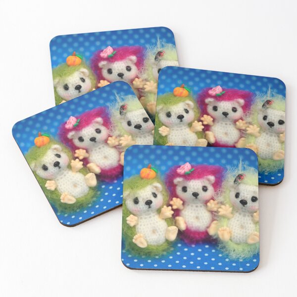 Item preview, Three toy crocheting hedgehogs on blue background designed and sold by olena2552.