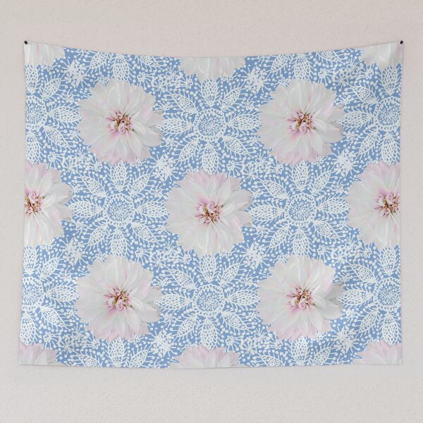 Item preview, White Dahlia with white lace on dusty blue designed and sold by HelenPDesigns.