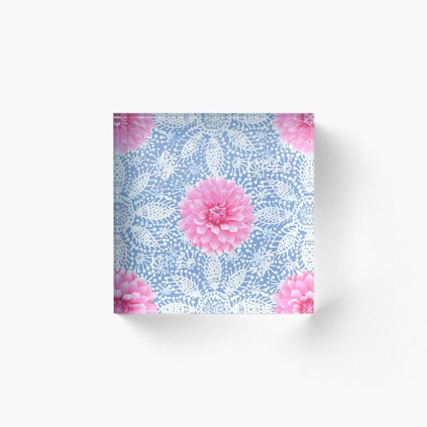Item preview, Pink Dahlia flower over white lace on dusty blue designed and sold by HelenPDesigns.