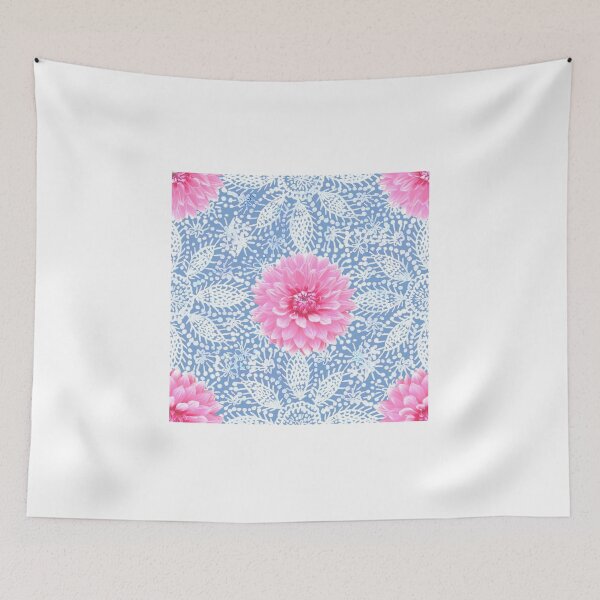 Aperçu de l'œuvre Fleur de Dahlia rose sur dentelle blanche sur bleu poussiér créée et vendue par HelenPDesigns.