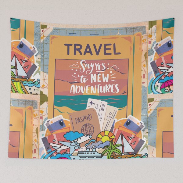 Item preview, Travel, say yes to new adventures, illustrated colorful poster, Sticker, gift card, artboardprint, Hardcover Journals, iPhone Cases&Skins, Canvas Print, Framed Art Print, Photographic, Metal Print, designed and sold by SpiralStairShop.