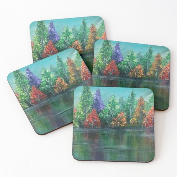 Item preview, Festive trees reflected in the water acrylic painting  designed and sold by UnaBonitaArt.