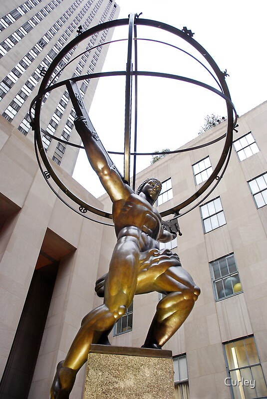 "Atlas holding up the World" by Curley Redbubble