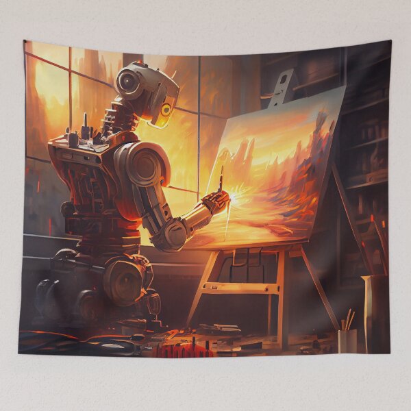 Item preview, Abstract Bright Hopeful Robot Artist Painting His View Digital Painting designed and sold by CodeAndColors.