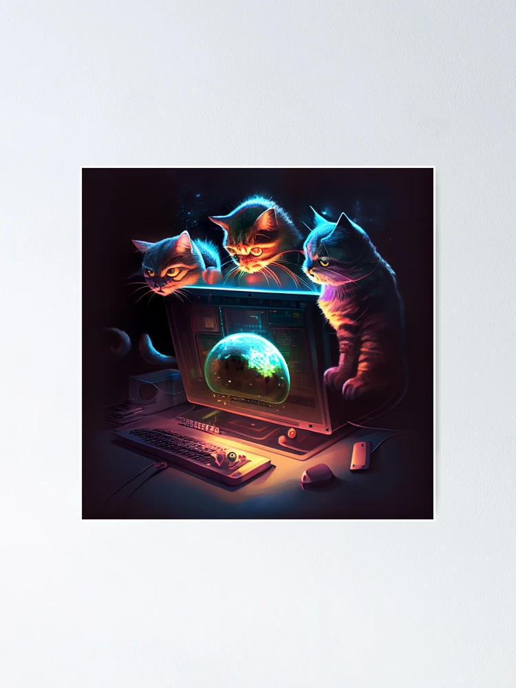 Imagen 1 de 3, Póster con la obra Three Cats Sitting on a Computer Digital Painting, diseñada y vendida por CodeAndColors.