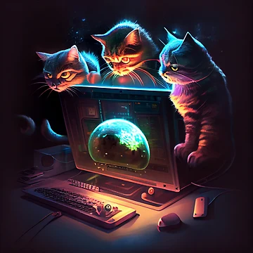 Imagen de la obra Three Cats Sitting on a Computer Digital Painting de CodeAndColors