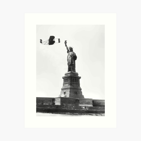 Item preview, 1909 Aviator Wilbur Wright of Wright brothers fame flies a Wright Type A flying machine airplane by the Statue of Liberty black and white photograph / photography designed and sold by Jéanpaul  Ferro.