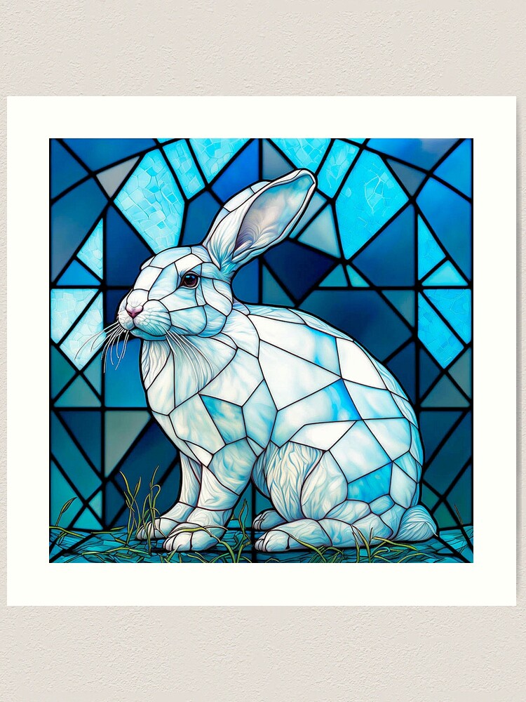 Blue Stained Glass Art: A Cute White Rabbit  Art Print for Sale by  factory88