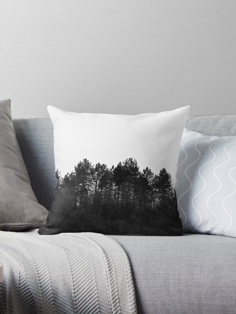 Black and white modern minimal trees crest Throw Pillow - Black furniture bedroom decor