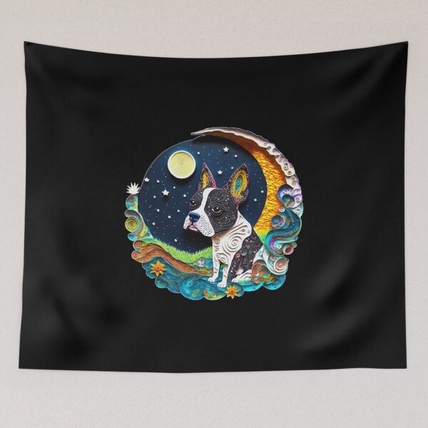 Item preview, Boston Terrier Dog in Space Crescent Moon Planets Stars Cute designed and sold by Lovedogz4life.