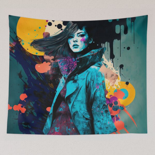 Item preview, Girl with blue coat, Colorful Graffiti retro fashion designed and sold by vallverduDESIGN.