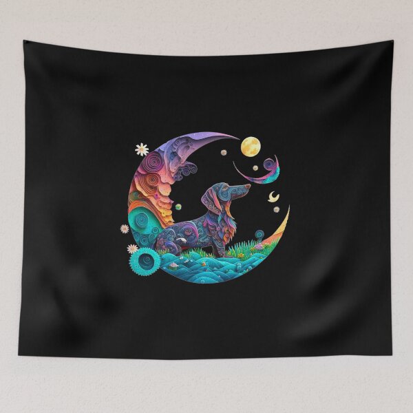 Item preview, Dachshund Dog Purple Teal Cute Crescent Moon Paper Quilling Artwork designed and sold by Lovedogz4life.
