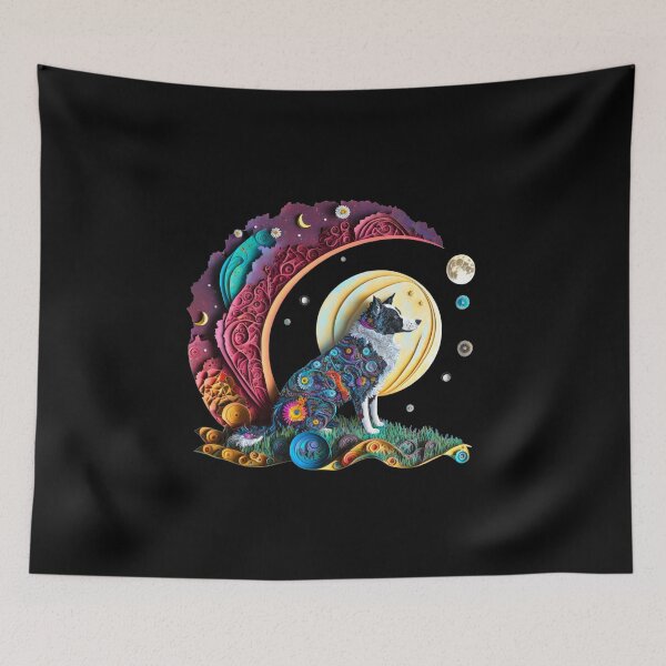 Item preview, Black and White Border Collie Herding Cattle Dog Cute Crescent Moon Paper Quilling Digital Painting designed and sold by Lovedogz4life.