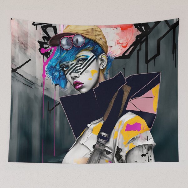 Item preview, Girl cap and blue hair, Colorful Graffiti retro fashion designed and sold by vallverduDESIGN.