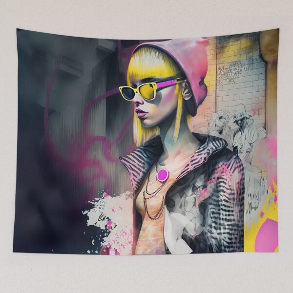 Item preview, Blonde girl with hat and sunglasses, Colorful Graffiti retro fashion designed and sold by vallverduDESIGN.