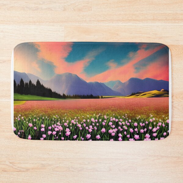 Item preview, Twilight Meadows - Pink Flowers in a Sunny Field with Mountains in the Background designed and sold by Alt-Art-Digital.