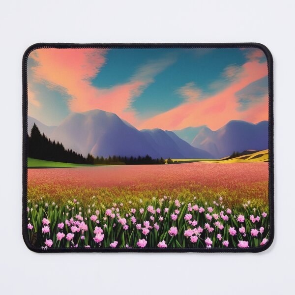 Item preview, Twilight Meadows - Pink Flowers in a Sunny Field with Mountains in the Background designed and sold by Alt-Art-Digital.
