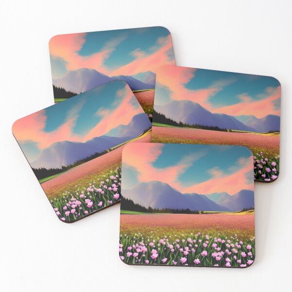 Item preview, Twilight Meadows - Pink Flowers in a Sunny Field with Mountains in the Background designed and sold by Alt-Art-Digital.